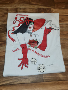 XL - Vintage 1991 Gambling Lucky Dice Lady White Graphic Shirt