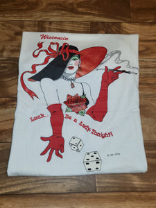 XL - Vintage 1991 Gambling Lucky Dice Lady White Graphic Shirt