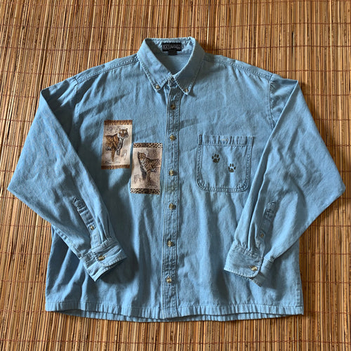 XL - Lion Tiger Leopard Denim Jean Button Up Shirt