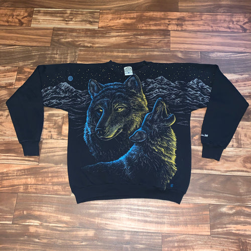 M/L - Vintage All Over Print Wolf Moon Crewneck