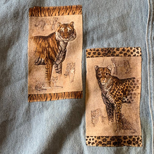 XL - Lion Tiger Leopard Denim Jean Button Up Shirt