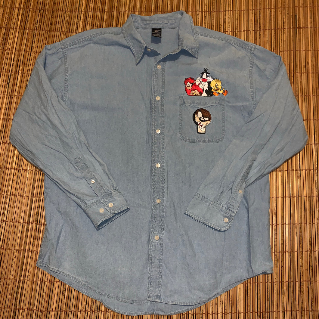 XL - Vintage 90s Looney Tunes Denim Jean Button Up Shirt