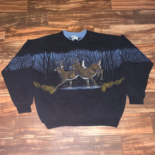 Short L/XL - Vintage Deer All Over Print Nature Sweatshirt